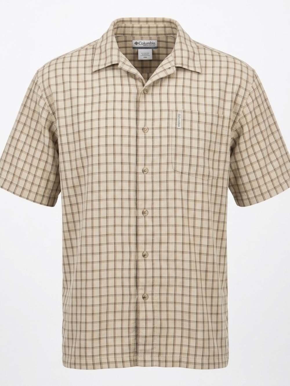 Columbia Men's Plaid Short Sleeve Button Up Shirt Tan Beige Large